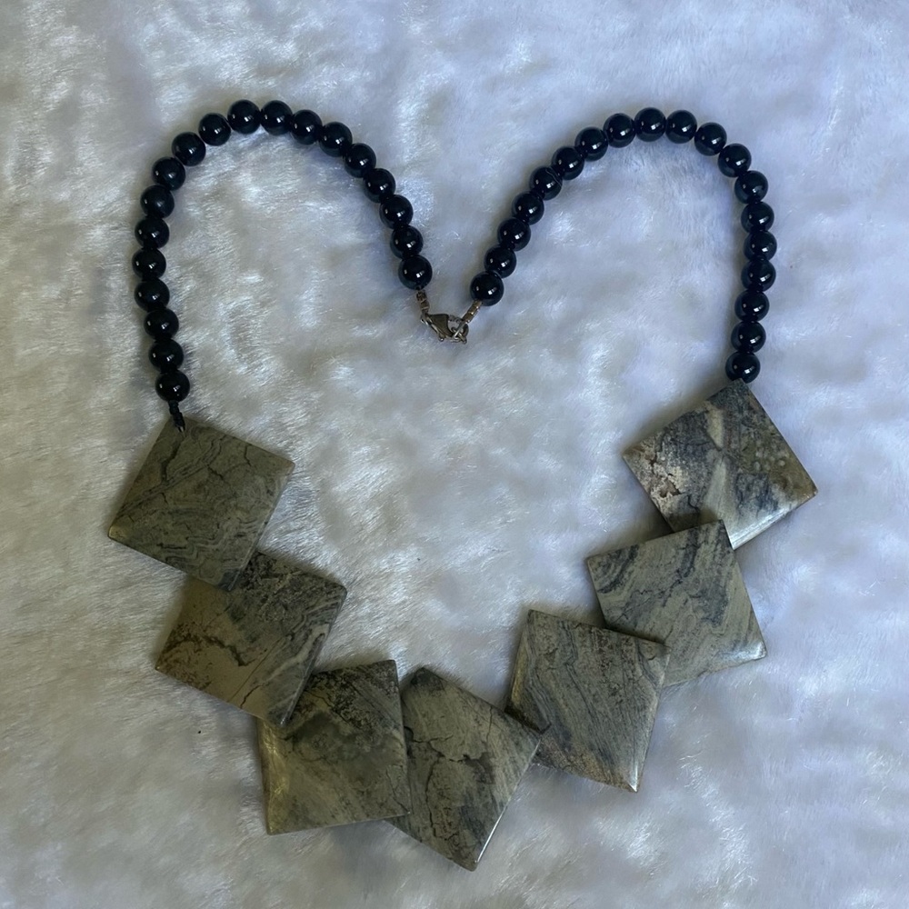 Natural Stone Geometric Statement Necklace in Olive Green and Black
